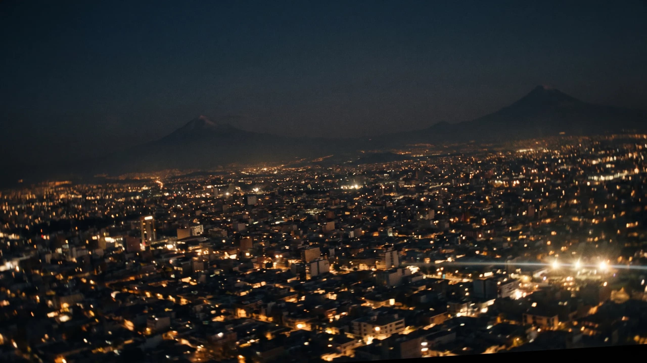 Ciudad de México de noche vista desde el aire, con los volcanes al fondo