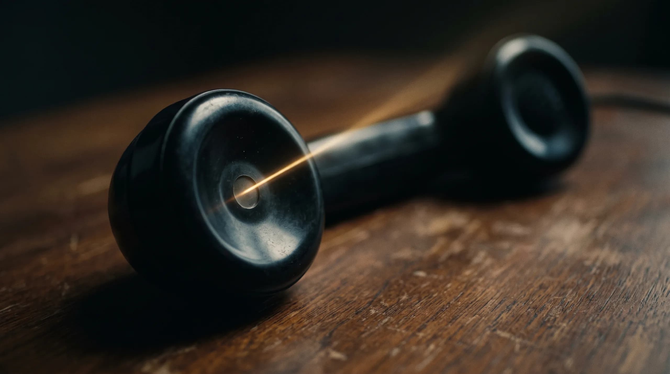 Auricular de teléfono antiguo sobre una mesa de madera oscura con una línea de luz dorada