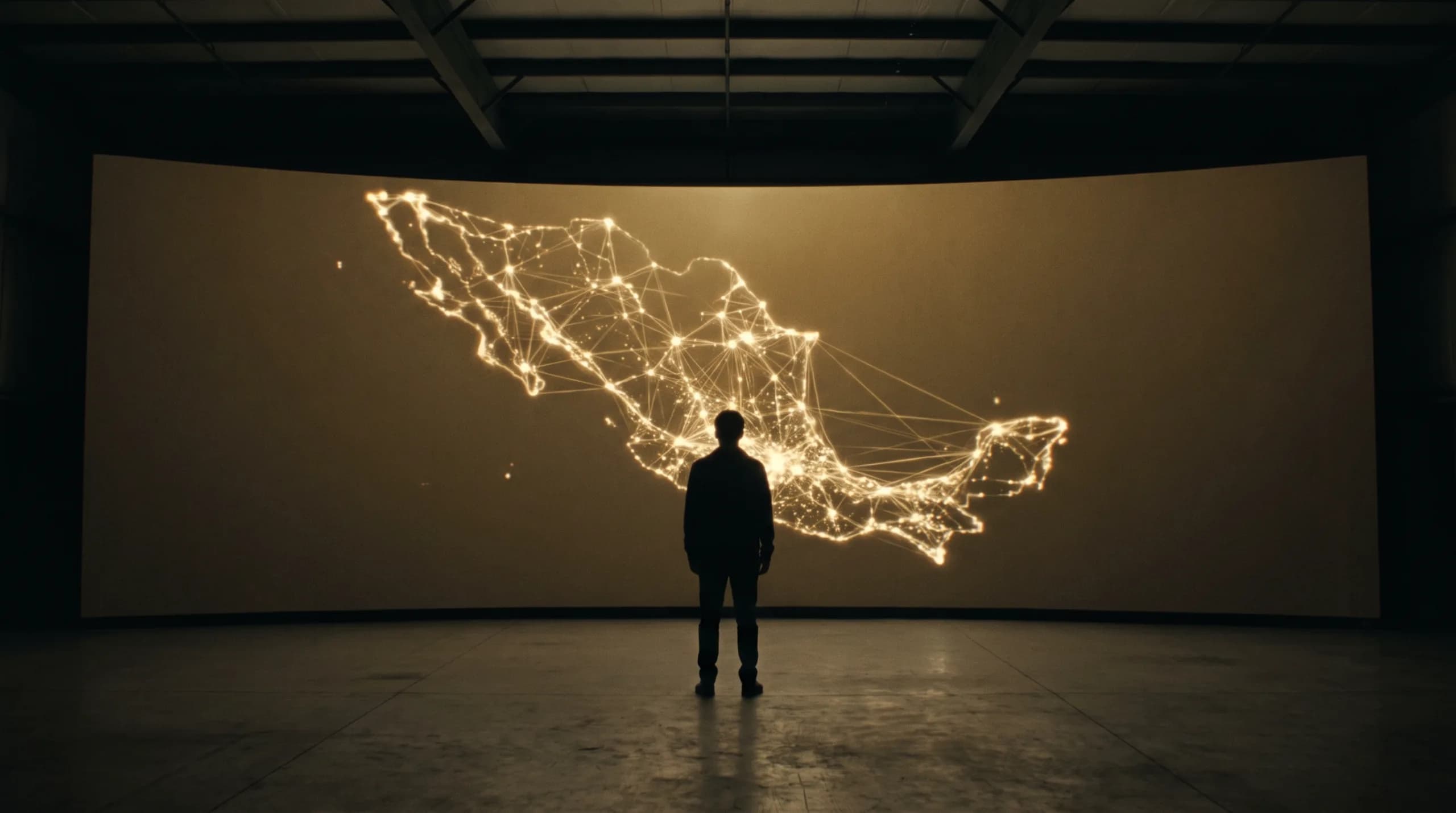 Silueta de una persona de espaldas frente a una pantalla con el mapa de México dibujado como una red de luz