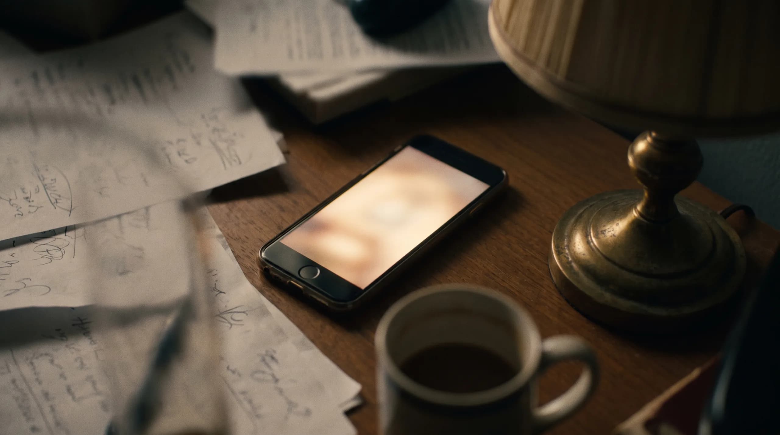 Teléfono encendido sobre un escritorio con papeles y una taza de café en una oficina a oscuras