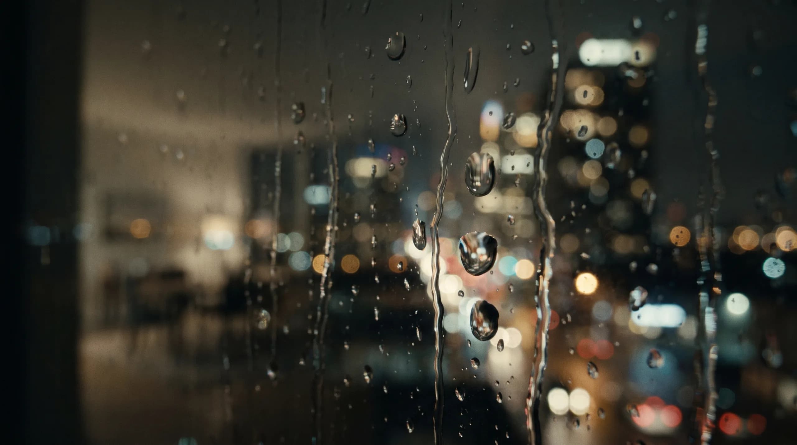 Lluvia sobre un ventanal en un piso alto con las luces de la ciudad desenfocadas al fondo